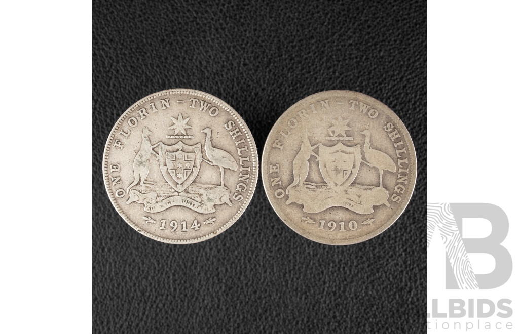 Two Australian Silver Shillings, KEVII 1910 and KGV 1914 .925