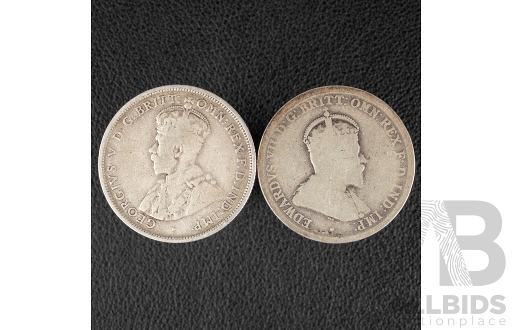 Two Australian Silver Shillings, KEVII 1910 and KGV 1914 .925