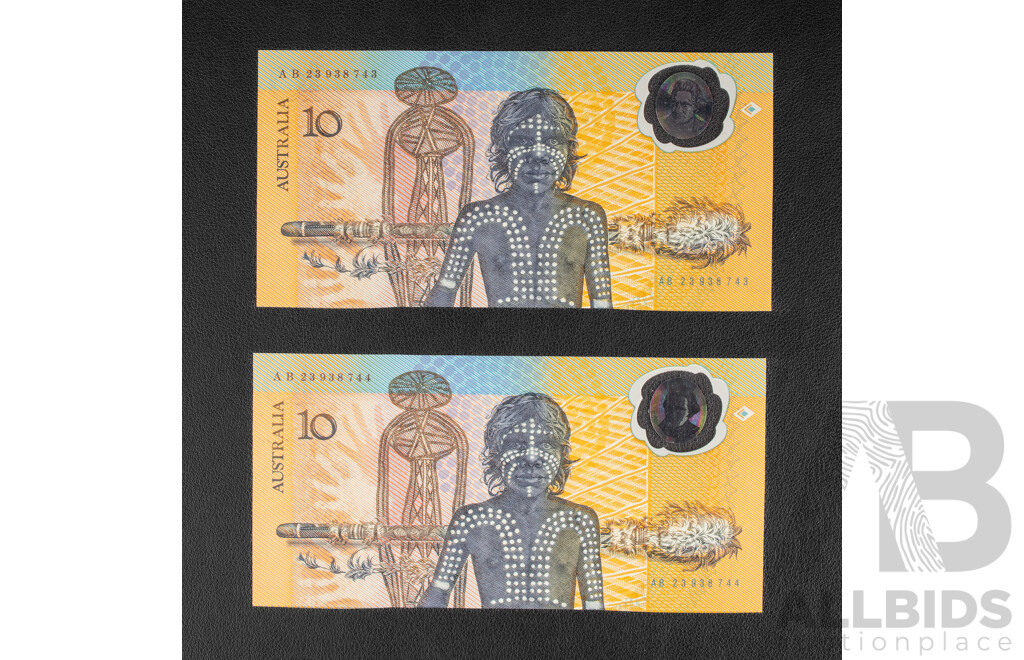 Two Australian 1988 Bicentennial Ten Dollar Notes, Johnston/Fraser, Consecutive AB23938743 - AB23938744