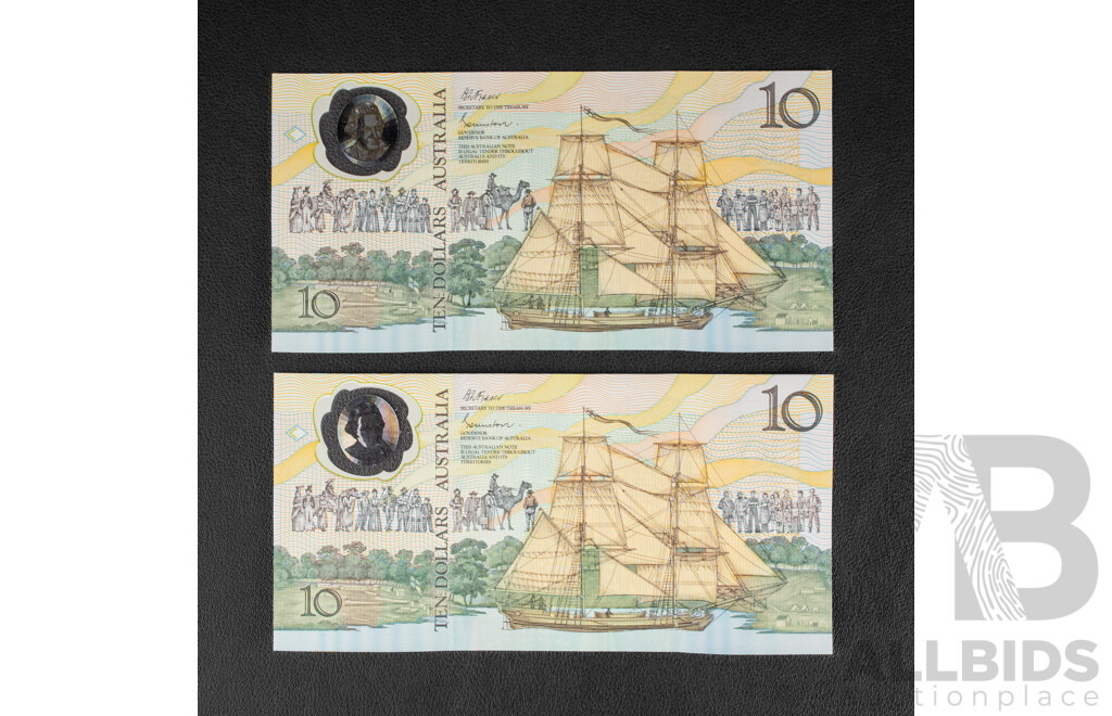 Two Australian 1988 Bicentennial Ten Dollar Notes, Johnston/Fraser, Consecutive AB23938743 - AB23938744
