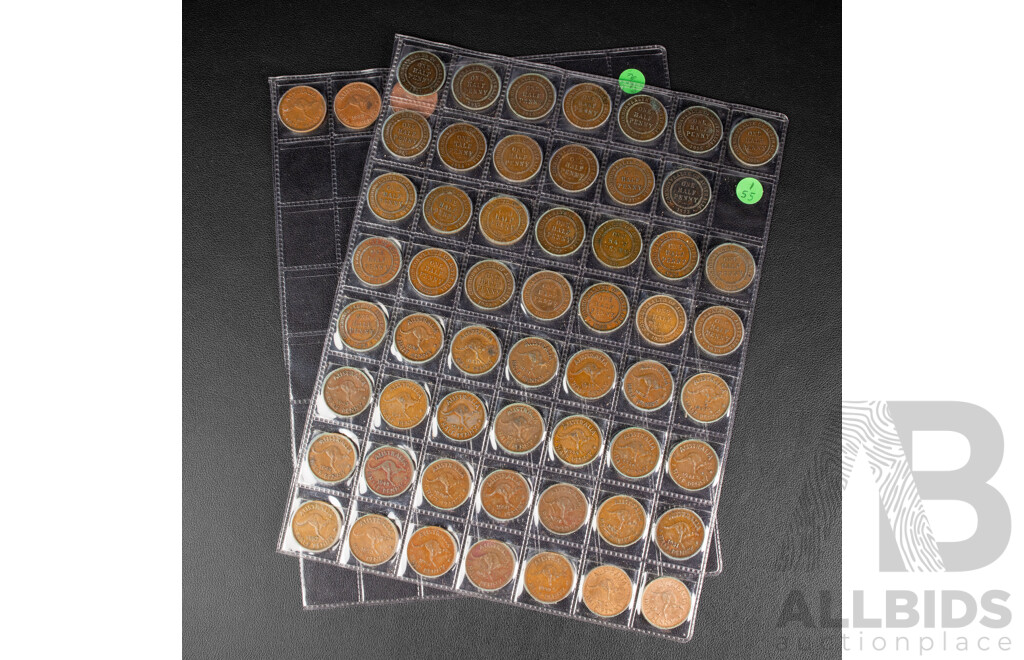 Collection of Australian Half Pennies, Consecutive 1911 to 1964 (Lacking 1923) Including 1915H, 1916I, 1917I, 1918I, 1939 COA and Kangaroo