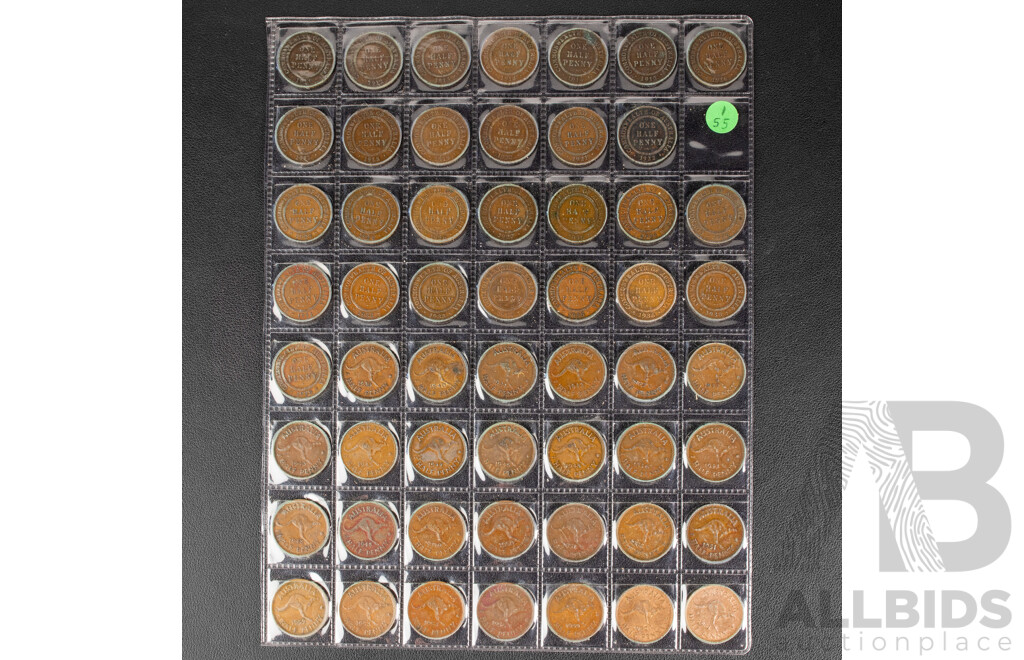 Collection of Australian Half Pennies, Consecutive 1911 to 1964 (Lacking 1923) Including 1915H, 1916I, 1917I, 1918I, 1939 COA and Kangaroo