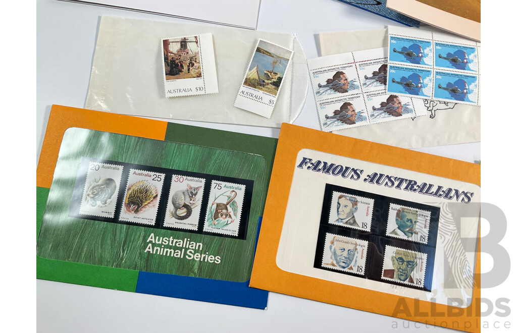 Collection of Australian 1970's and 80's Mint Stamps and Packs Including Painting Series Five and Ten Dollar, Antarctic Territory