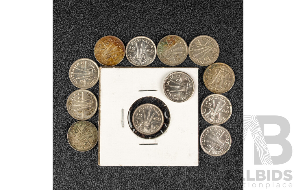 Twelve Australian QE2 Silver Threepence Including High Grade 1960 Examples .500