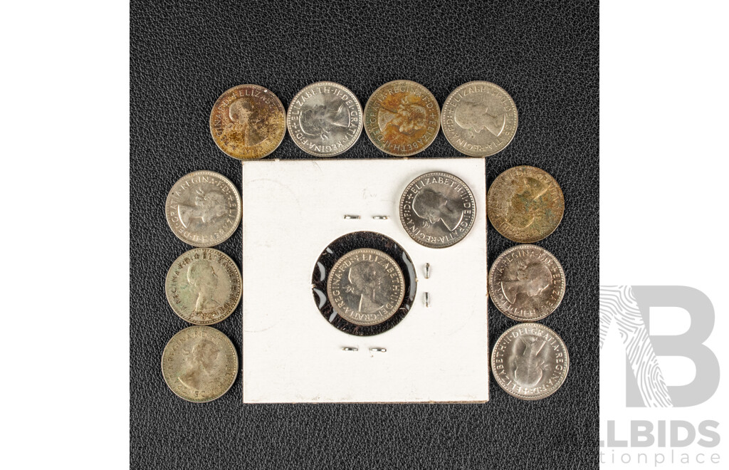 Twelve Australian QE2 Silver Threepence Including High Grade 1960 Examples .500