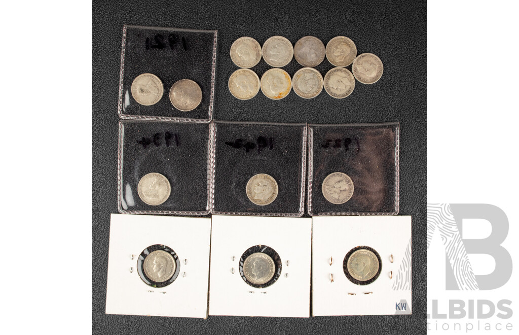 Seventeen Australian Silver Threepence, Examples Spanning 1919M to 1944S .925
