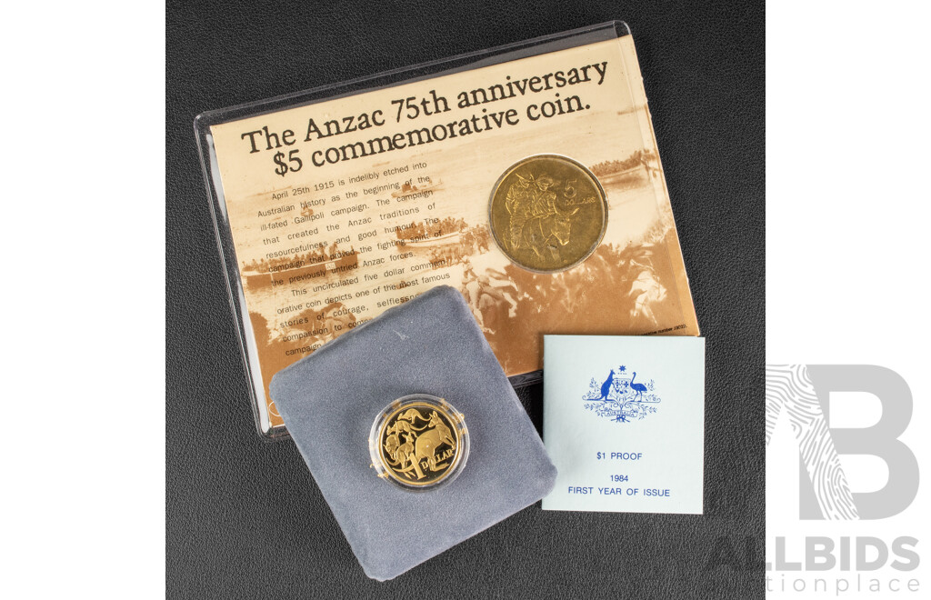 Australian RAM 1984 Proof One Dollar Coin, First Year Issue and 1990 Five Dollar Coin, ANZAC 75 Years