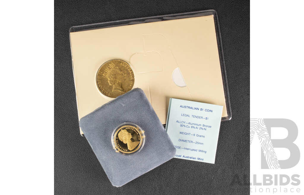Australian RAM 1984 Proof One Dollar Coin, First Year Issue and 1990 Five Dollar Coin, ANZAC 75 Years