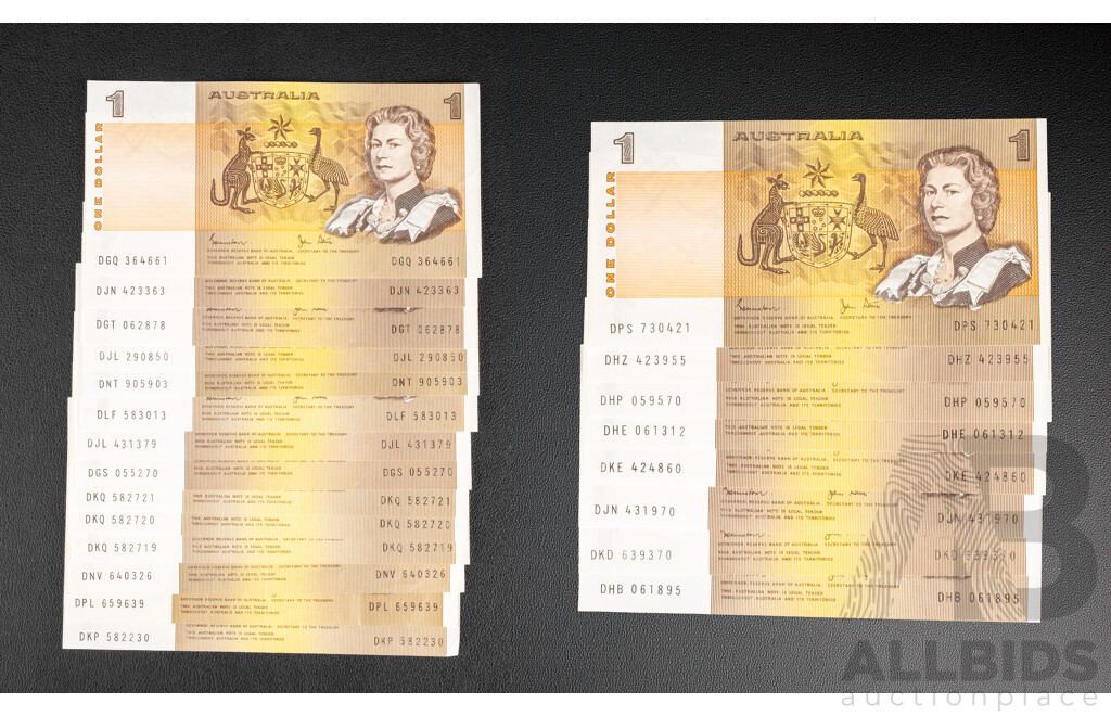 Twenty Two Australian 1982 One Dollar Notes, Johnston/Stone R78 Including Last Prefix DPS 730421, R78L
