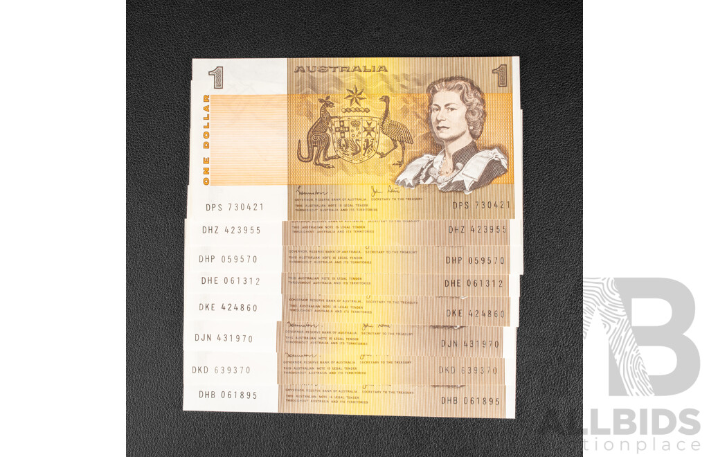 Twenty Two Australian 1982 One Dollar Notes, Johnston/Stone R78 Including Last Prefix DPS 730421, R78L