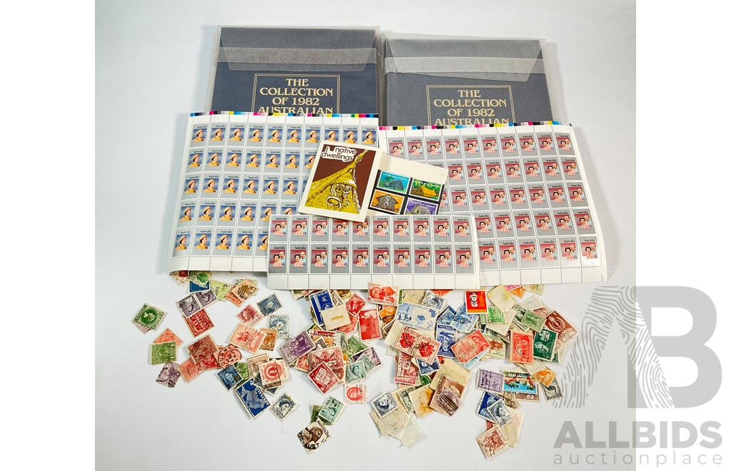 Two Australian 1982 Annual Stamp Albums, 1977 Mint QE2 Jubilee Stamp Set Sheets, Cancelled Predecimal Stamps Spanning 1890's QV to 1960's