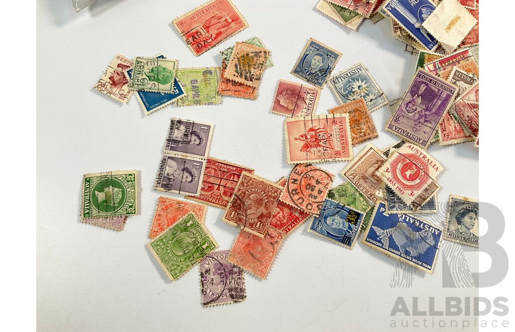 Two Australian 1982 Annual Stamp Albums, 1977 Mint QE2 Jubilee Stamp Set Sheets, Cancelled Predecimal Stamps Spanning 1890's QV to 1960's