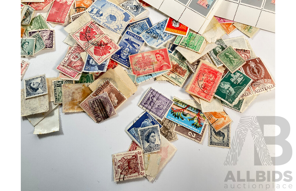 Two Australian 1982 Annual Stamp Albums, 1977 Mint QE2 Jubilee Stamp Set Sheets, Cancelled Predecimal Stamps Spanning 1890's QV to 1960's