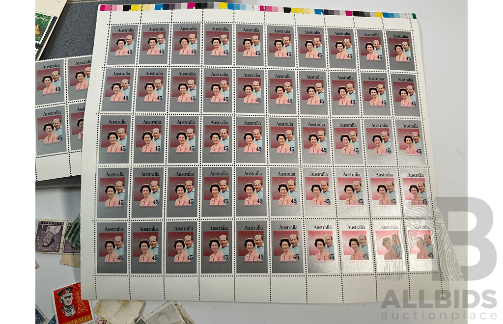 Two Australian 1982 Annual Stamp Albums, 1977 Mint QE2 Jubilee Stamp Set Sheets, Cancelled Predecimal Stamps Spanning 1890's QV to 1960's