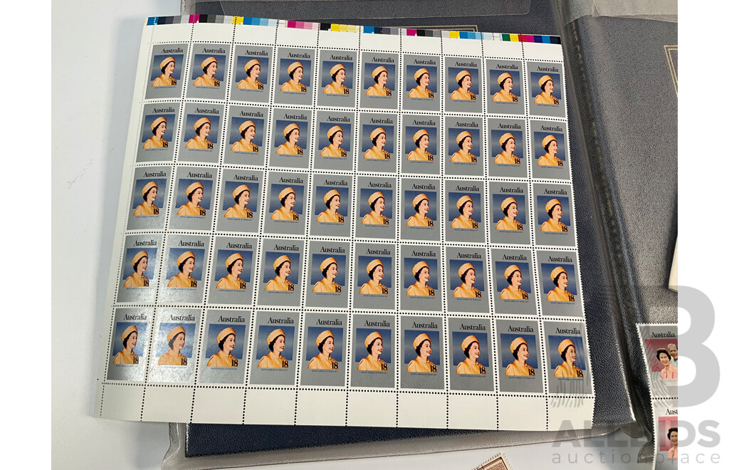 Two Australian 1982 Annual Stamp Albums, 1977 Mint QE2 Jubilee Stamp Set Sheets, Cancelled Predecimal Stamps Spanning 1890's QV to 1960's
