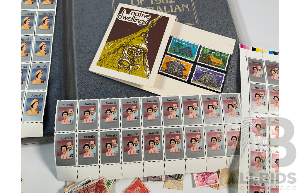 Two Australian 1982 Annual Stamp Albums, 1977 Mint QE2 Jubilee Stamp Set Sheets, Cancelled Predecimal Stamps Spanning 1890's QV to 1960's