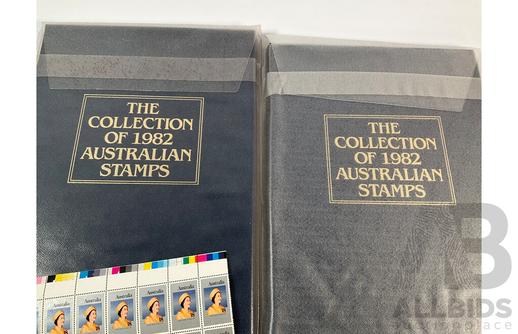 Two Australian 1982 Annual Stamp Albums, 1977 Mint QE2 Jubilee Stamp Set Sheets, Cancelled Predecimal Stamps Spanning 1890's QV to 1960's