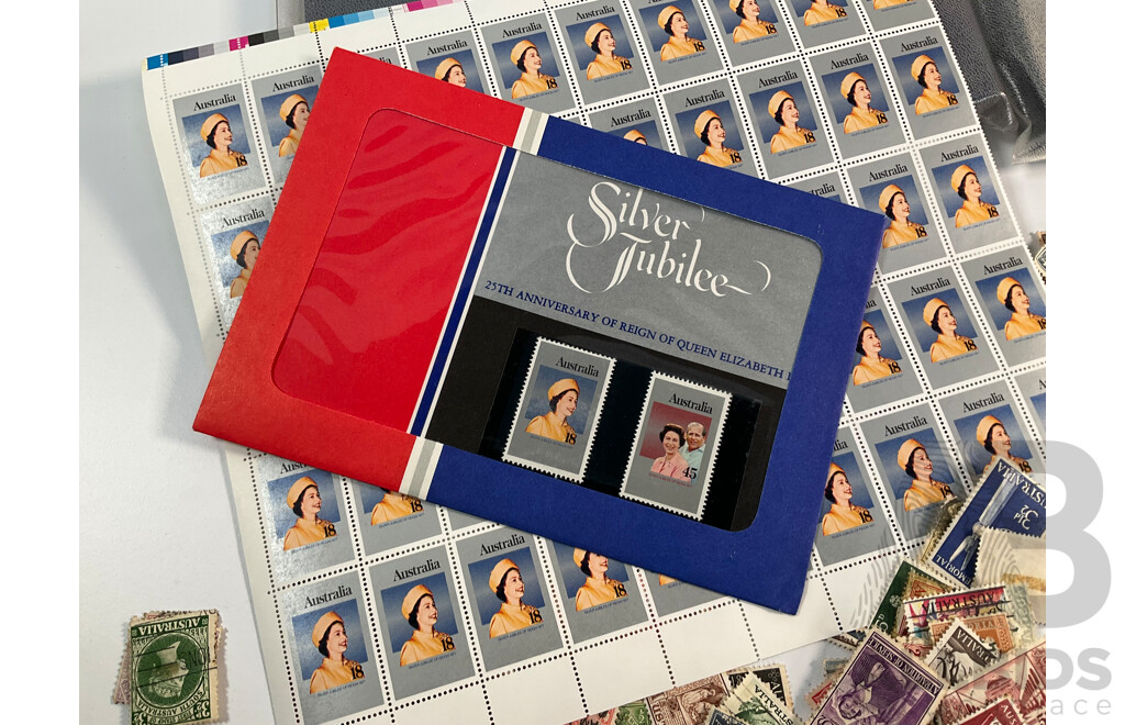 Two Australian 1982 Annual Stamp Albums, 1977 Mint QE2 Jubilee Stamp Set Sheets, Cancelled Predecimal Stamps Spanning 1890's QV to 1960's