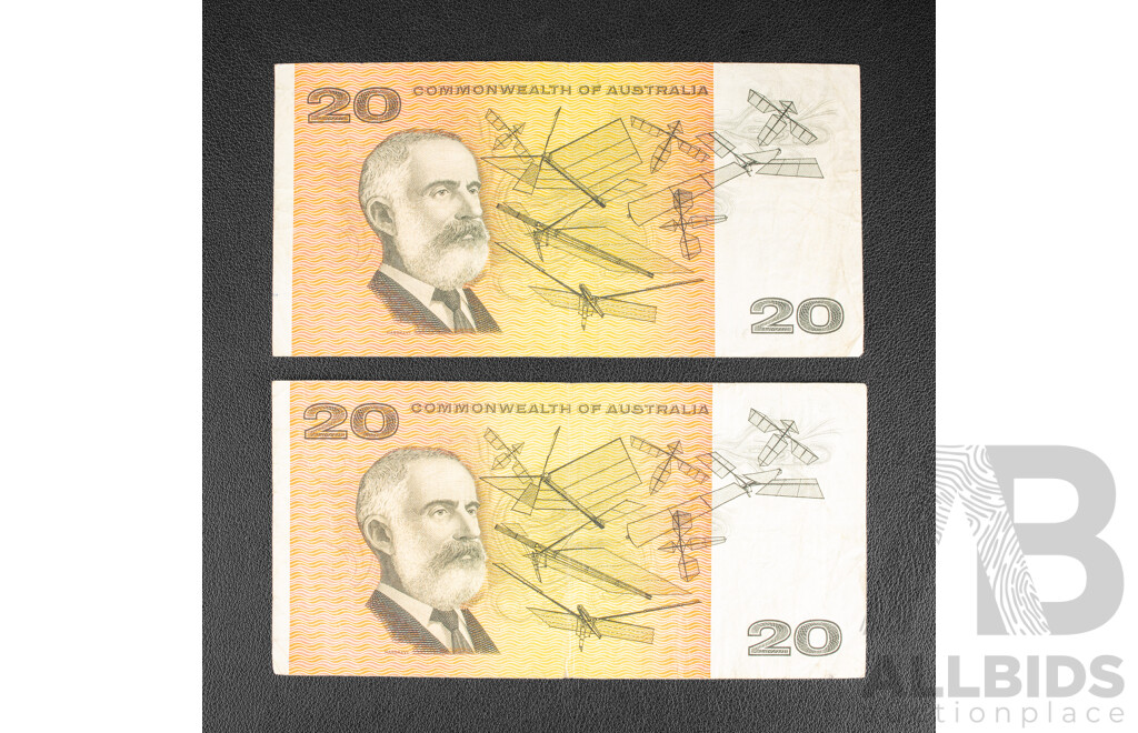 Two Australian 1966 Twenty Dollar Notes R401, Coombs/Wilson