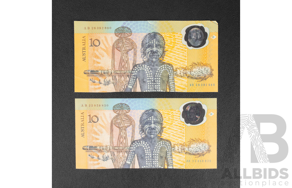 Two Australian 1988 Ten Dollar Notes, Bicentennial Fraser/Evans, First Issue R310a and Reissue R310b