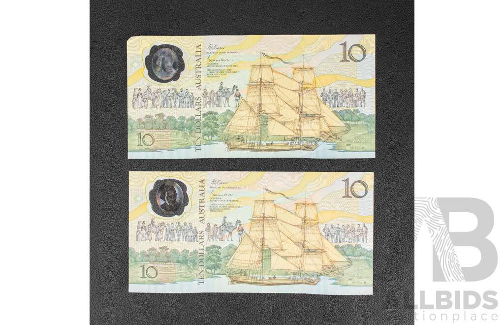 Two Australian 1988 Ten Dollar Notes, Bicentennial Fraser/Evans, First Issue R310a and Reissue R310b