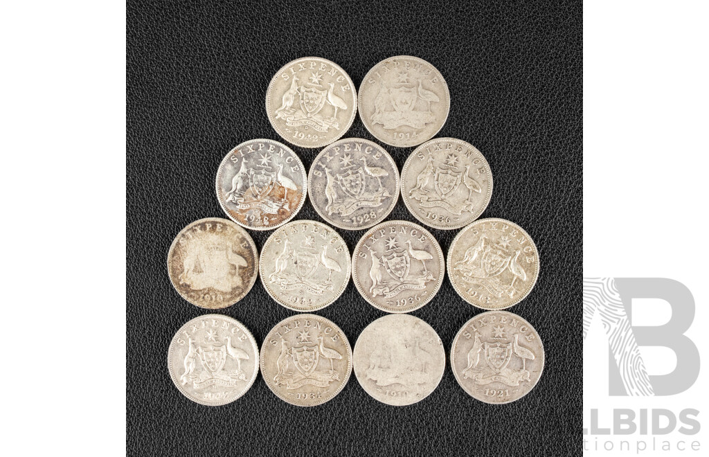 Thirteen Australian Silver Sixpence Including 1910(2) 1914, 1921, 1928, 1934, 1936(2) 1942S(2), 1942D(2) 1943S .925