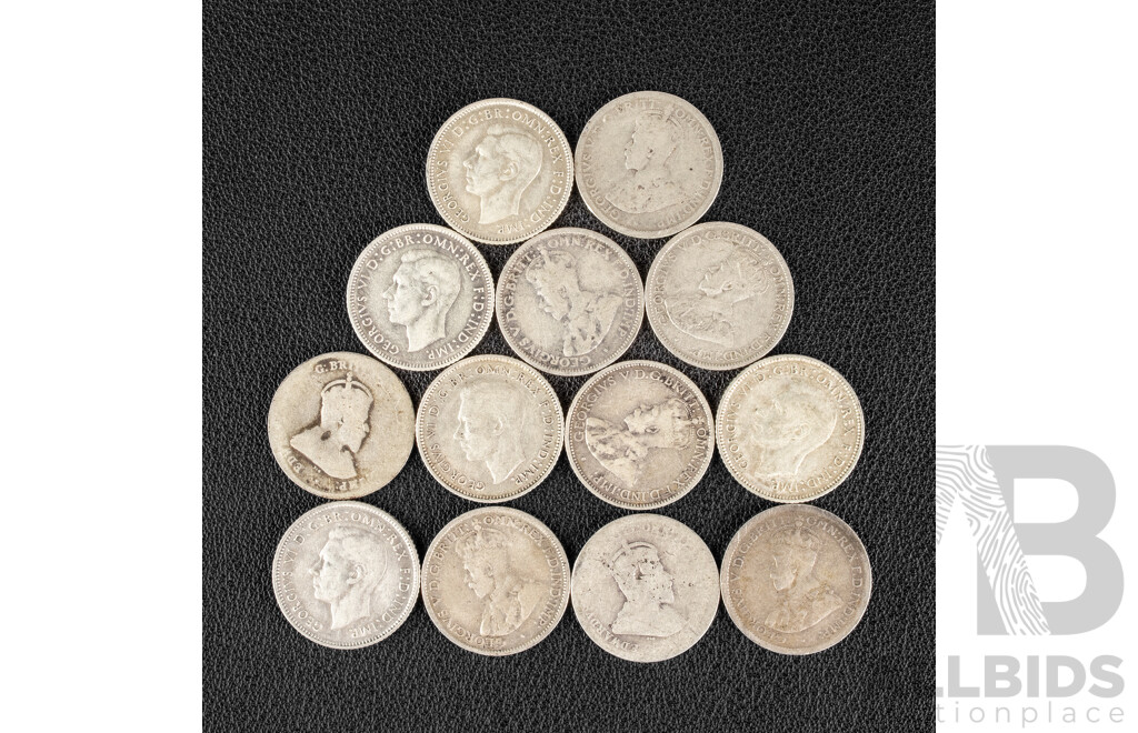 Thirteen Australian Silver Sixpence Including 1910(2) 1914, 1921, 1928, 1934, 1936(2) 1942S(2), 1942D(2) 1943S .925