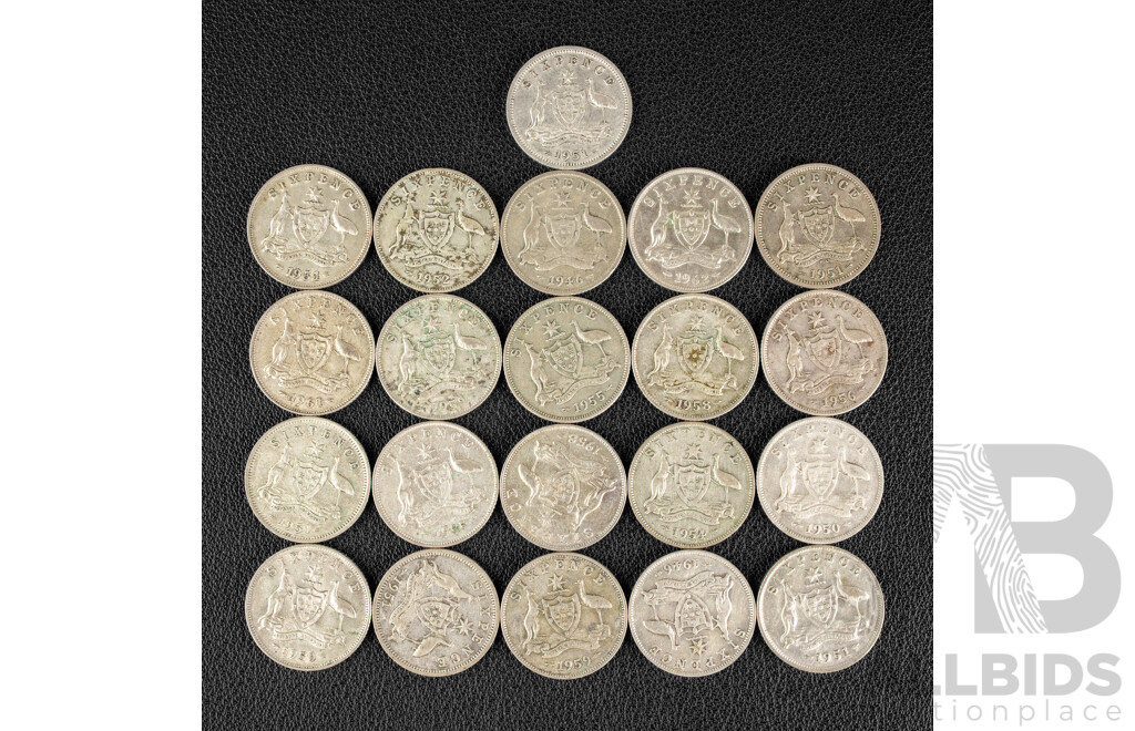 Twenty One Australian Silver Sixpence, Examples Spanning 1946 to 1962 .500