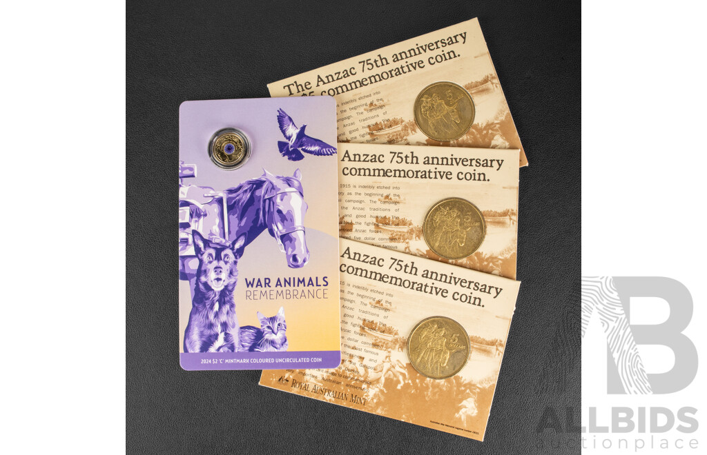 Three Australian RAM 1990 Five Dollar Coins, ANZAC 75th Anniversary and 2024 Two Dollar Coin, War Animal Remembrance C Mint Mark