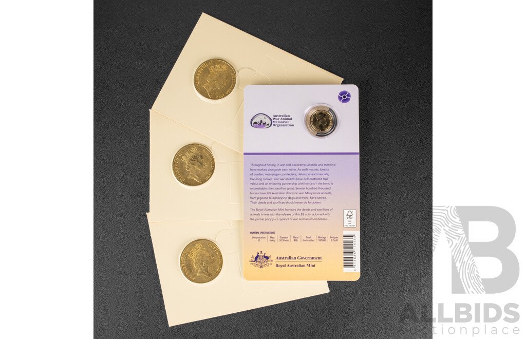 Three Australian RAM 1990 Five Dollar Coins, ANZAC 75th Anniversary and 2024 Two Dollar Coin, War Animal Remembrance C Mint Mark