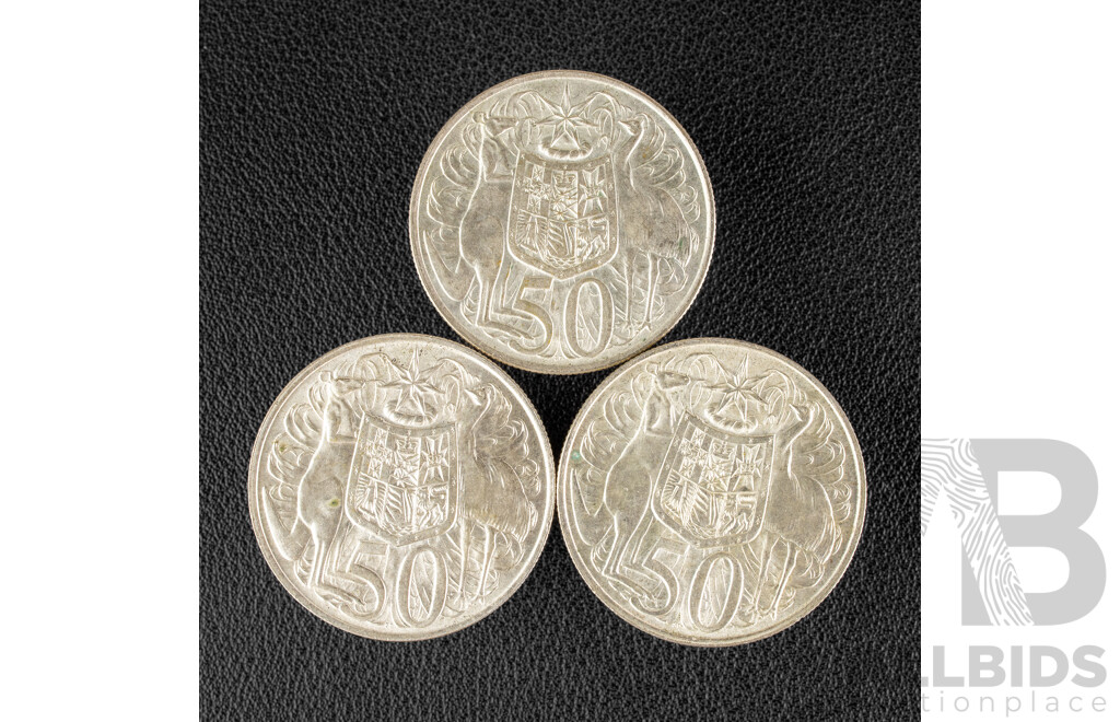 Three Australian 1966 Round Silver Fifty Cent Coins .800