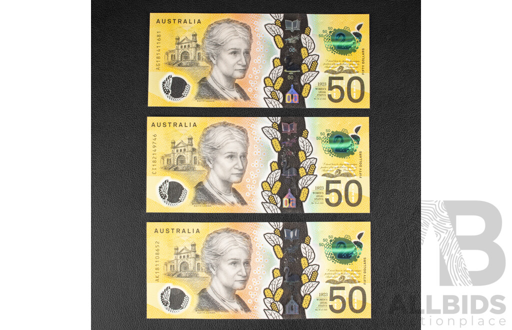 Three Australian 2018 Fifty Dollar Note, Lowe/Fraser, Edith Cowan 'Responsibility' Spelling Error