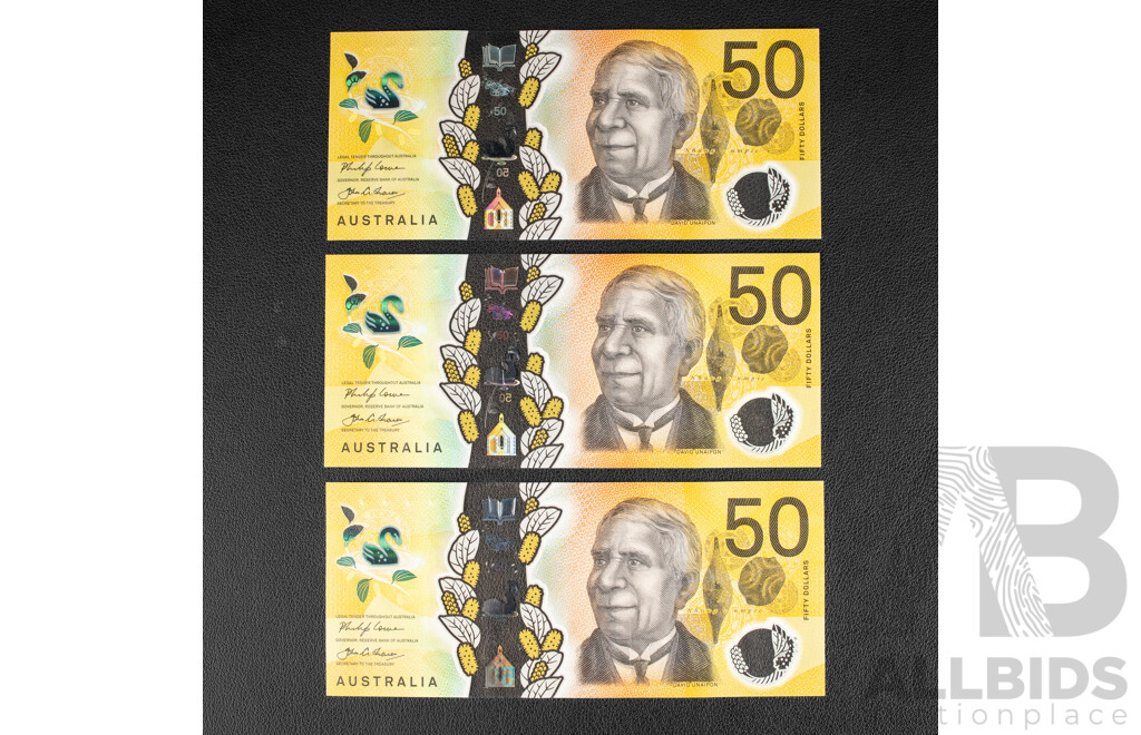 Three Australian 2018 Fifty Dollar Note, Lowe/Fraser, Edith Cowan 'Responsibility' Spelling Error