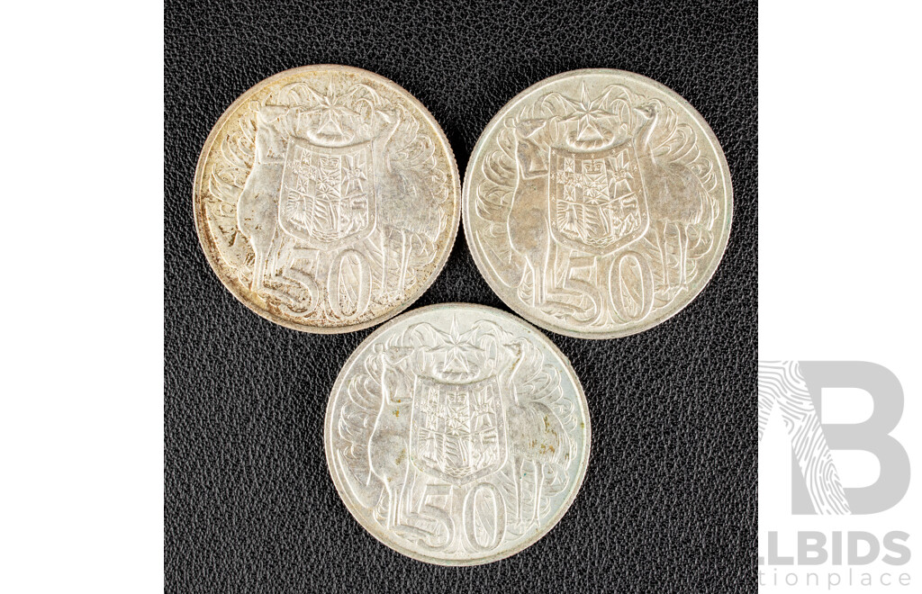 Three Australian 1966 Round Silver Fifty Cent Coins .800