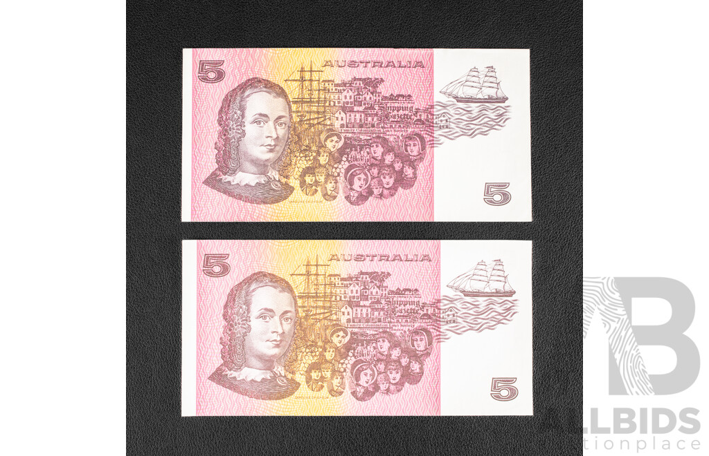 Two Australian 1985 Five Dollar Notes, Johnston/Fraser R209a