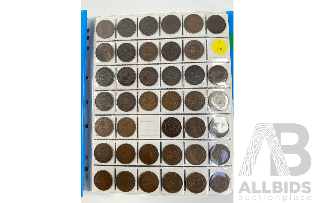 Album of Australian Pennies Spanning 1911 to 1964, Many Multiples Including 1912H, 1915H, 1916I, 1917I, 1919 Dot Above and Under Scroll and More - Approximately 393 Coins