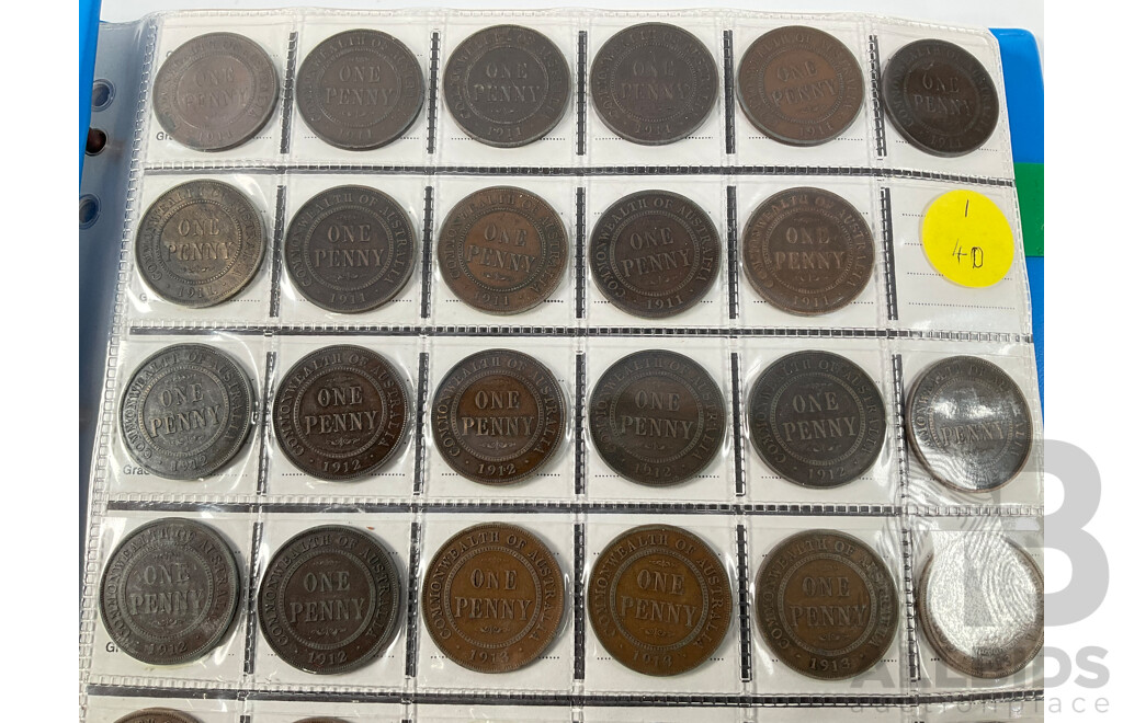 Album of Australian Pennies Spanning 1911 to 1964, Many Multiples Including 1912H, 1915H, 1916I, 1917I, 1919 Dot Above and Under Scroll and More - Approximately 393 Coins