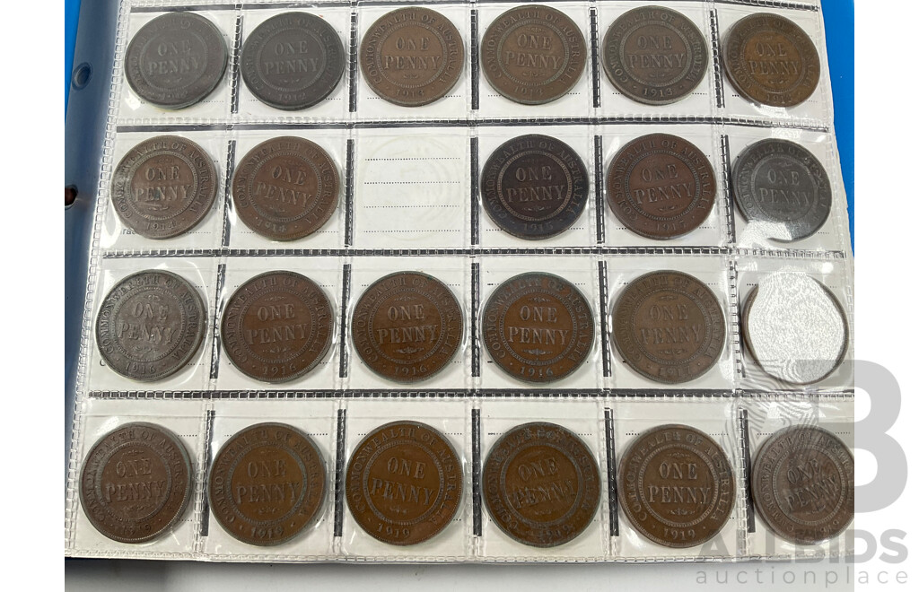 Album of Australian Pennies Spanning 1911 to 1964, Many Multiples Including 1912H, 1915H, 1916I, 1917I, 1919 Dot Above and Under Scroll and More - Approximately 393 Coins