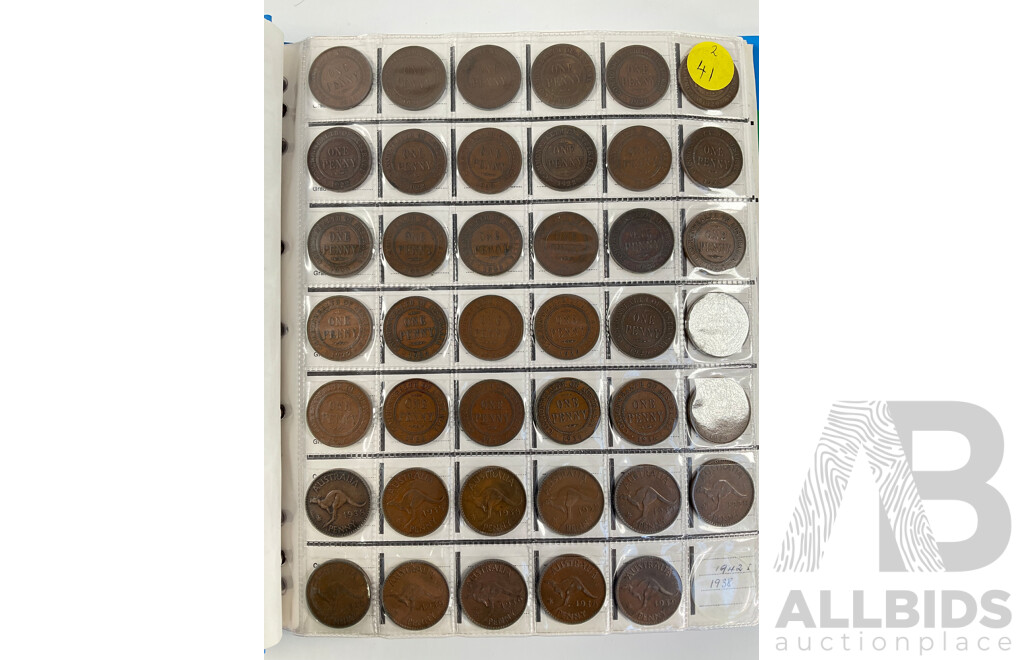Album of Australian Pennies Spanning 1911 to 1964, Many Multiples Including 1912H, 1915H, 1916I, 1917I, 1919 Dot Above and Under Scroll and More - Approximately 393 Coins