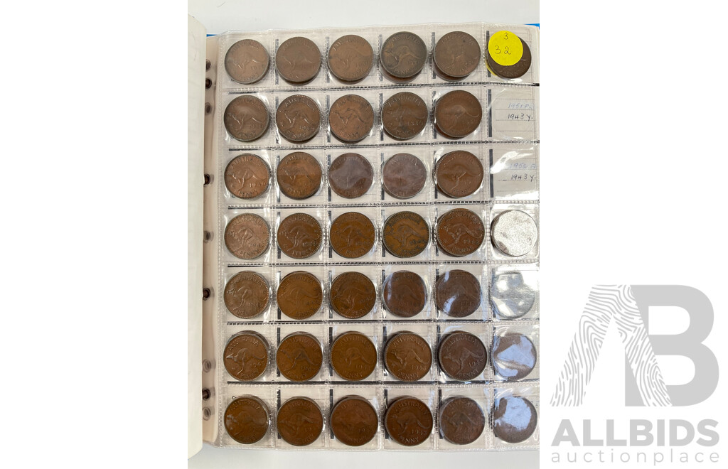 Album of Australian Pennies Spanning 1911 to 1964, Many Multiples Including 1912H, 1915H, 1916I, 1917I, 1919 Dot Above and Under Scroll and More - Approximately 393 Coins