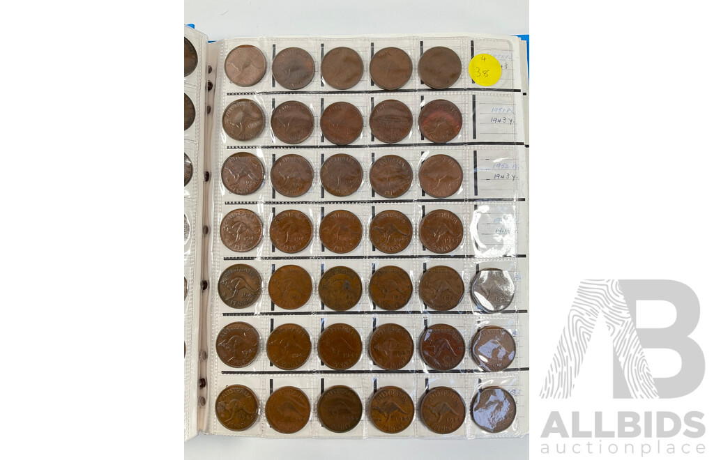 Album of Australian Pennies Spanning 1911 to 1964, Many Multiples Including 1912H, 1915H, 1916I, 1917I, 1919 Dot Above and Under Scroll and More - Approximately 393 Coins