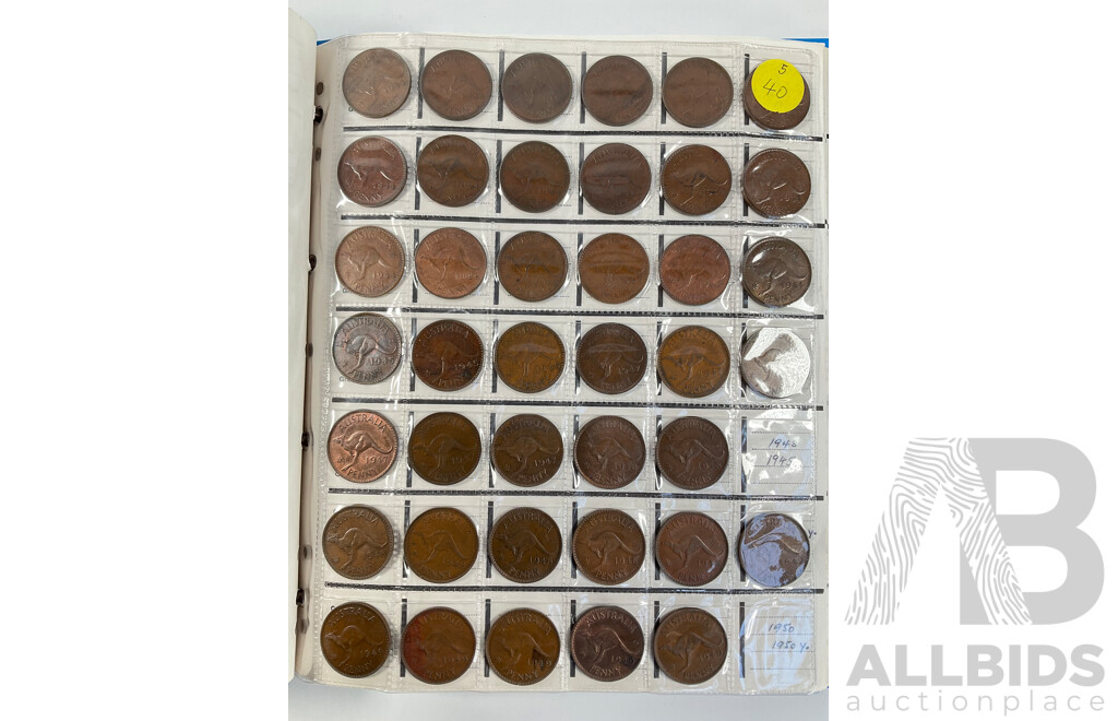 Album of Australian Pennies Spanning 1911 to 1964, Many Multiples Including 1912H, 1915H, 1916I, 1917I, 1919 Dot Above and Under Scroll and More - Approximately 393 Coins