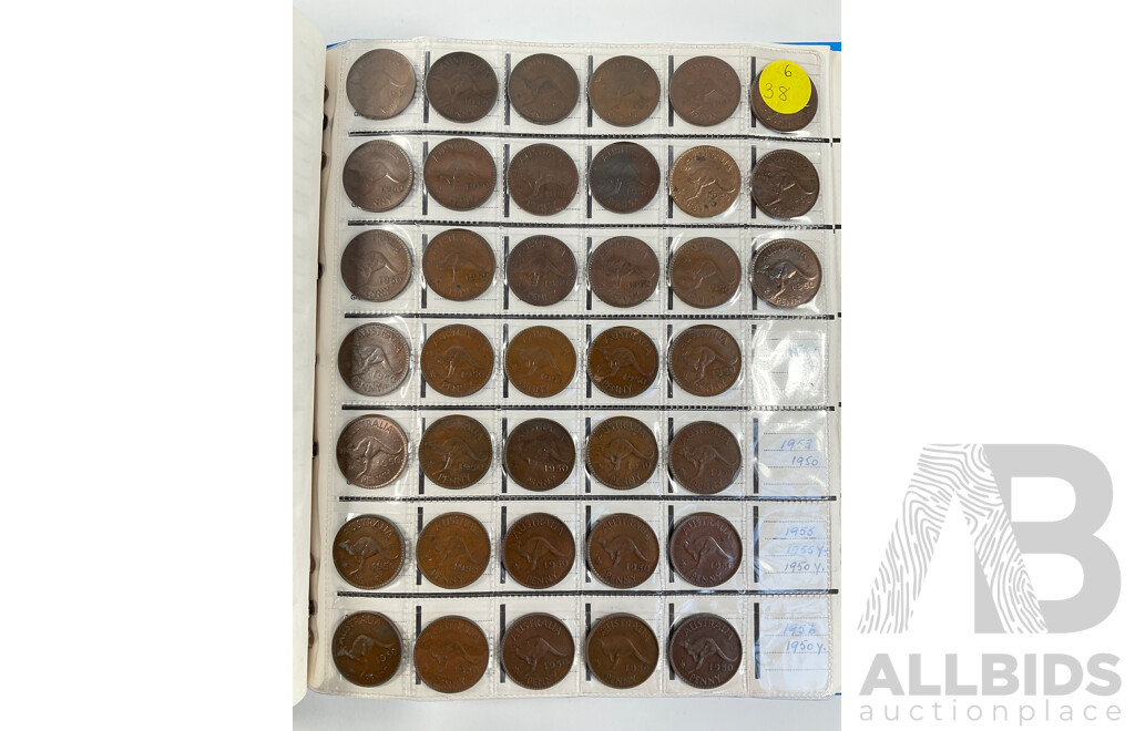 Album of Australian Pennies Spanning 1911 to 1964, Many Multiples Including 1912H, 1915H, 1916I, 1917I, 1919 Dot Above and Under Scroll and More - Approximately 393 Coins