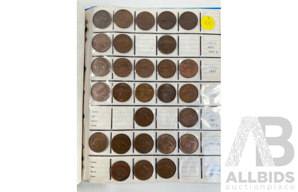 Album of Australian Pennies Spanning 1911 to 1964, Many Multiples Including 1912H, 1915H, 1916I, 1917I, 1919 Dot Above and Under Scroll and More - Approximately 393 Coins