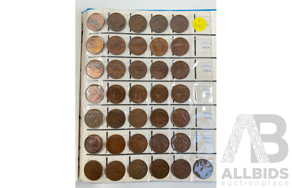 Album of Australian Pennies Spanning 1911 to 1964, Many Multiples Including 1912H, 1915H, 1916I, 1917I, 1919 Dot Above and Under Scroll and More - Approximately 393 Coins