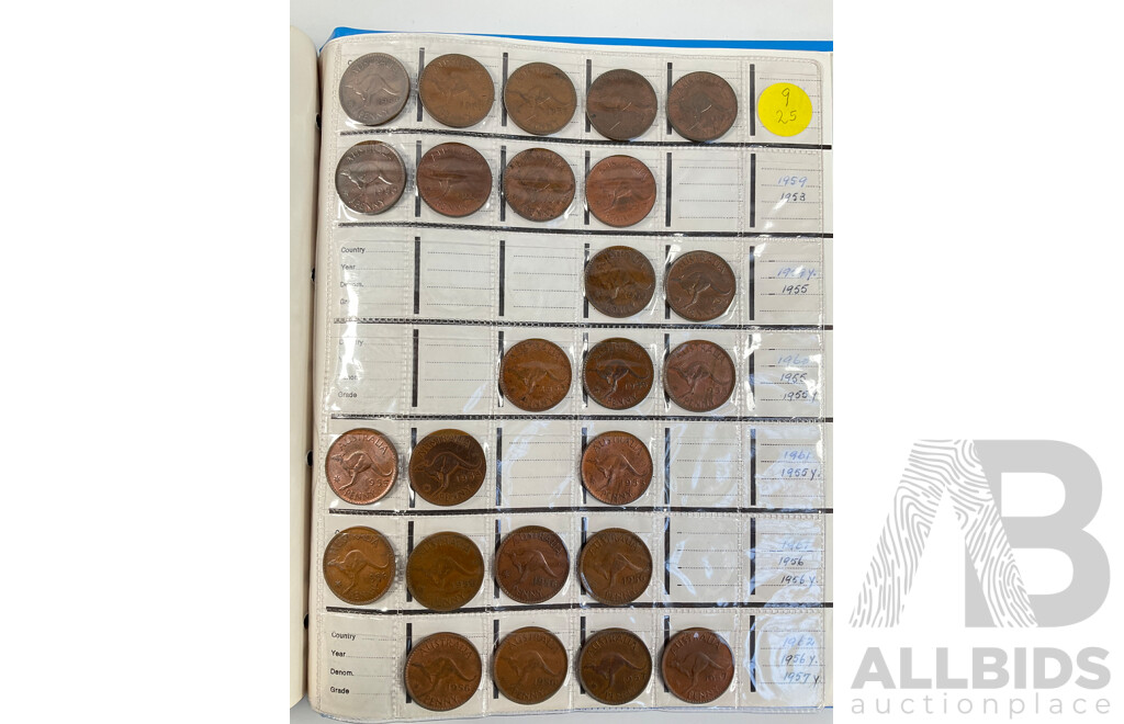 Album of Australian Pennies Spanning 1911 to 1964, Many Multiples Including 1912H, 1915H, 1916I, 1917I, 1919 Dot Above and Under Scroll and More - Approximately 393 Coins
