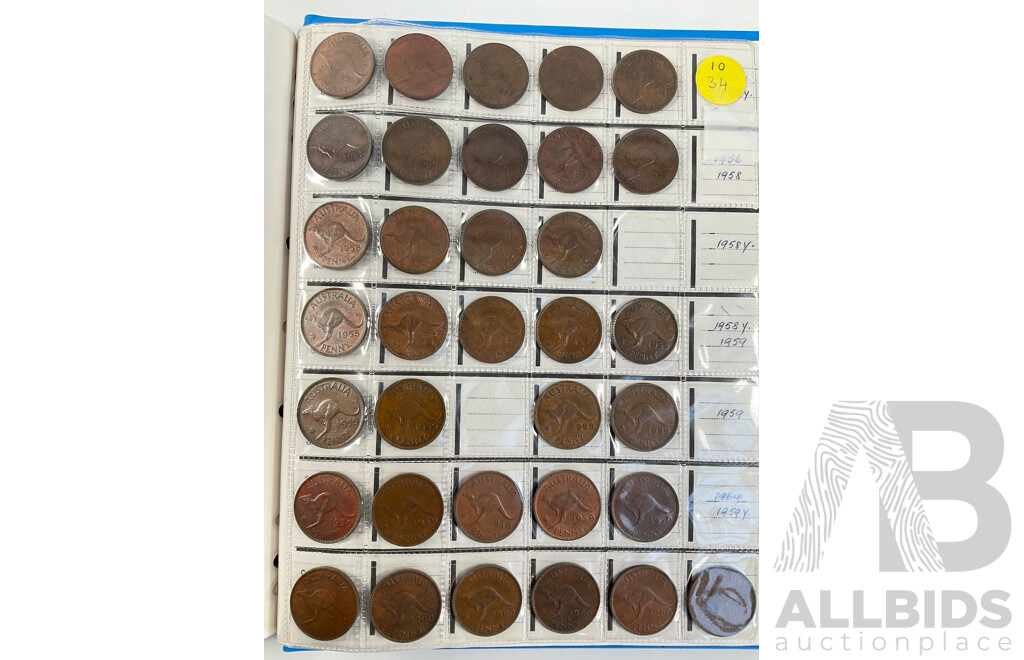 Album of Australian Pennies Spanning 1911 to 1964, Many Multiples Including 1912H, 1915H, 1916I, 1917I, 1919 Dot Above and Under Scroll and More - Approximately 393 Coins