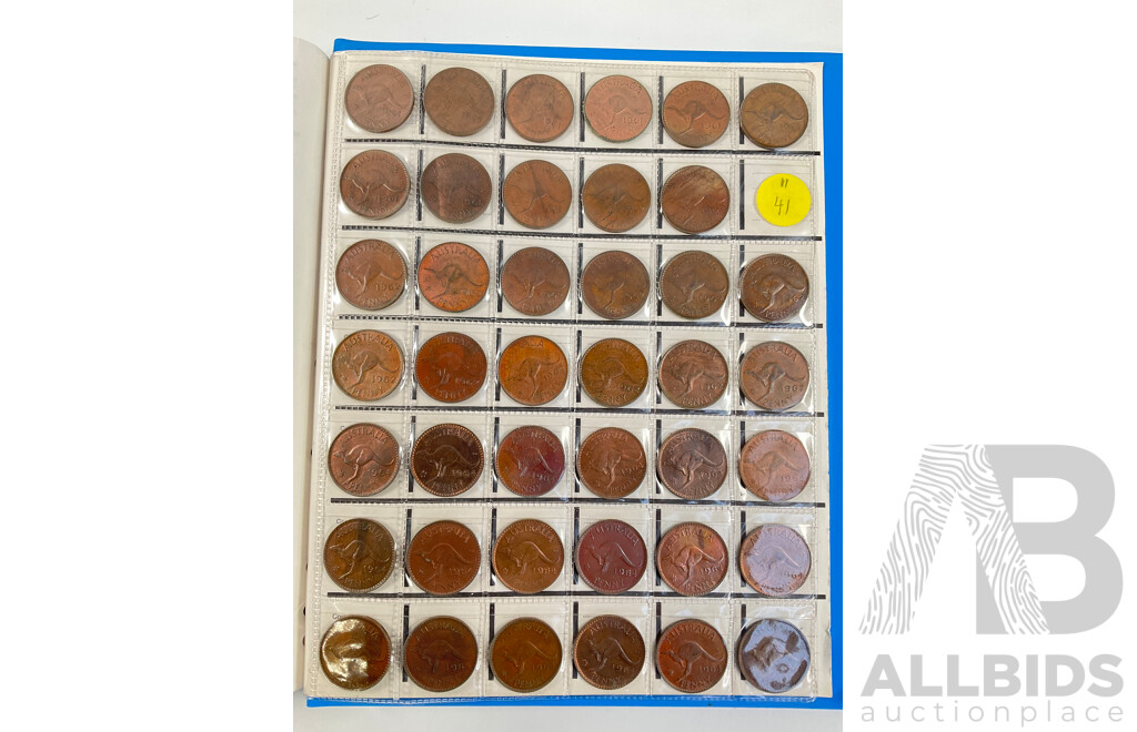 Album of Australian Pennies Spanning 1911 to 1964, Many Multiples Including 1912H, 1915H, 1916I, 1917I, 1919 Dot Above and Under Scroll and More - Approximately 393 Coins