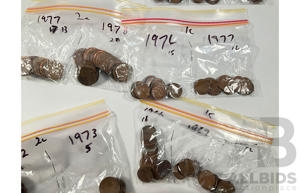 Collection of Australian One and Two Cent Coins Spanning 1966 to 1990 Including UNC - Approximately 2.5 Kilograms