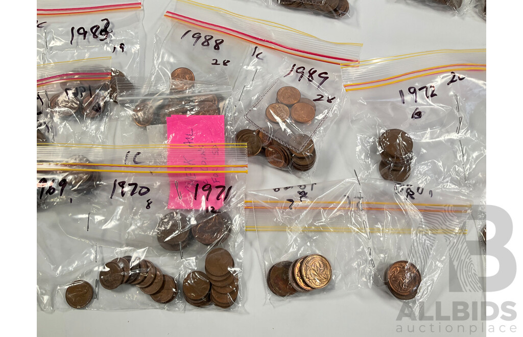 Collection of Australian One and Two Cent Coins Spanning 1966 to 1990 Including UNC - Approximately 2.5 Kilograms